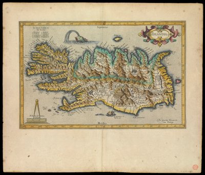 Islandia, Per Gerardum Mercatorem cum privilegio, ca. 1595 (blæk, akvarel, kobberstik, papir) af Gerardus Mercator