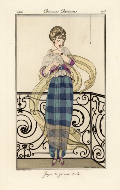 Kvinde i en stor toile-nederdel, der ser bange for en edderkop. af Gerda Marie Frederike Wegener