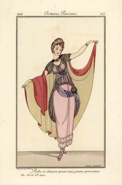 Ung kvinde i dansekjole med kappe. af Gerda Marie Frederike Wegener