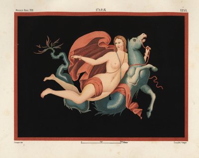 En Nereid (havnymfe) i kappe og armbånd, der rider på et havmonster eller hippocampus, halv hest og halv fisk. Museo Naz. XXII, Stabiae. Tegnet og kromolitograferet af Victor Steeger fra Emile Presuhn (1844-1878) Pompejis smukkeste malerier, af Geremia Discanno