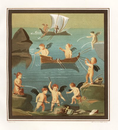 Vægmaleri af amoriner, der leger, fisker, sejler fra et kabine i Restaurantens Hus (Casa di Lupanare Piccolo) på 14, Regio IX, Insula V. Chromolithograph af J.G. Bach efter en illustration af Geremia Discanno fra Emile Presuhn (1844-1878) T af Geremia Discanno