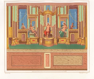 Vægmaleri, der viser Bacchus, Venus og Apollo fra et afsides siddende område i et hjørne af en have i Domus M. Herenulli Communis eller House of Apollo, Reg. VI, Ins. VII, nr. 23. Kromolitografi af Victor Steeger efter illustration af Geremia Discan af Geremia Discanno