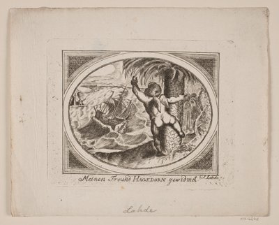 Amor ved et Palmetræ, pegende udover et oprørt hav. af Gerhard Ludvig Lahde