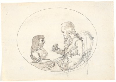 Arveprins Frederik med arveprinsen (Chr. VIII) viser et portræt af den afdøde arveprinsesse Sofie Frederikke af Gerhard Ludvig Lahde