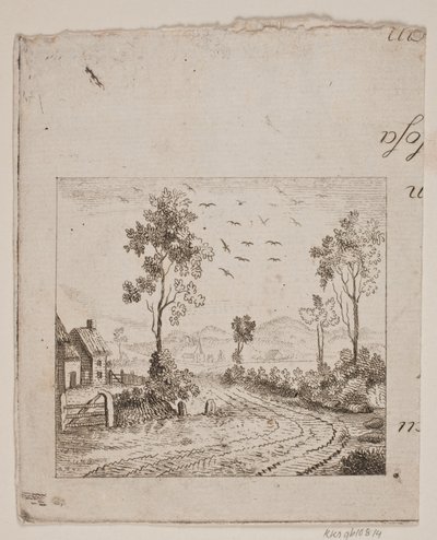 Landskab med hus ved vej med træ og flyvende fugle af Gerhard Ludvig Lahde