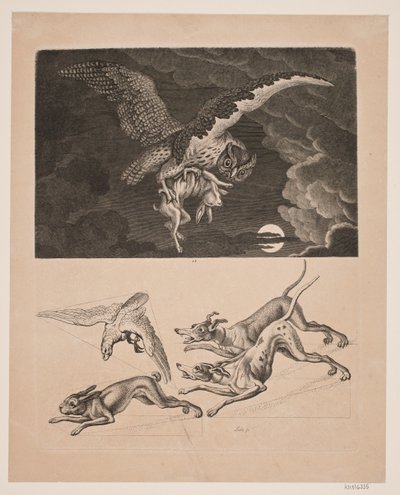 Tavle med Ugle flyvende med hare, derunder; hunde, hare og jagtfalk af Gerhard Ludvig Lahde