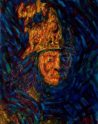 Guldmand med hjelm efter Rembrandt,2020 (olie på lærred) af Gerhardt Isringhaus