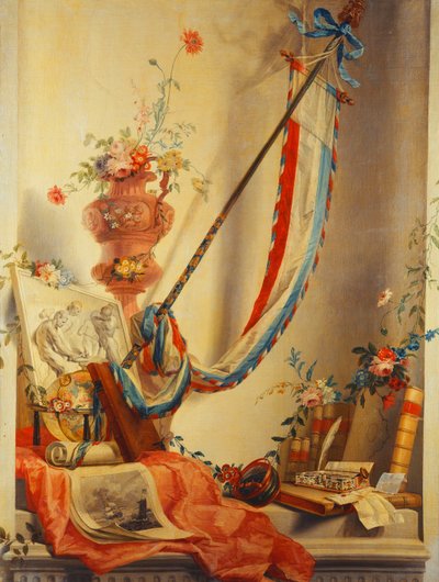 Et banner, blomster i en urne, et relief, en globus, et tryk, et kompas, et skrivesæt, bogstaver og Blaeus atlas i en niche af Gerke Jans de Jager