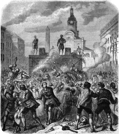 Blodsudgydelser i Stockholm, massakrer på svenske nationale modstandsledere bestilt af kong Christian II af Danmark, 8. november 1520: hæren forsøger at dulme befolkningens vrede, tvunget til at se henrettelserne. Stik af Gerlier af Gerlier Gerlier