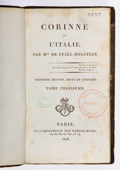 Titelblad til Corinne ou lItalie, 3. reviderede og udvidede udgave, 3. bind, Imprimerie des Freres Mame, Paris, 1808 (trykt papir) af Germaine de Stael