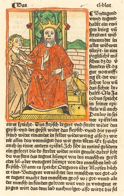Kronet mand på en trone med jomfruen stående til venstre af German 15th Century