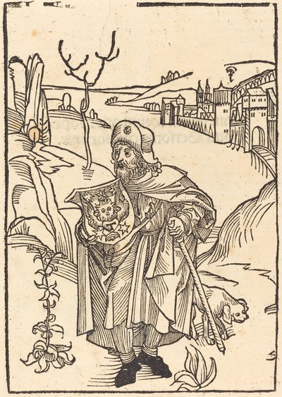 Gerson som pilgrim med byen i baggrunden af German 15th Century