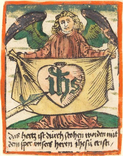 Hellig monogram i et hellig hjerte på en klud, der er indeholdt af en engel af German 15th Century
