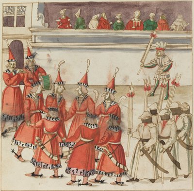Syv mænd i rødt samlet i en cirkel af German 16th Century
