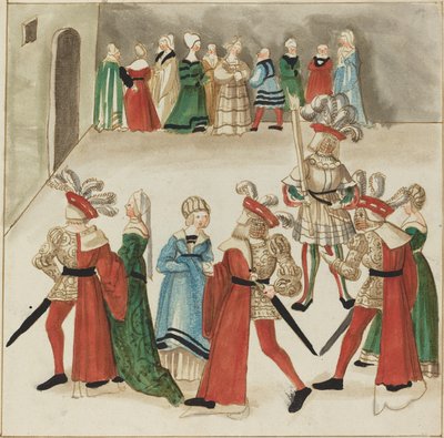 Tre mænd i røde kapper danser med deres partnere af German 16th Century