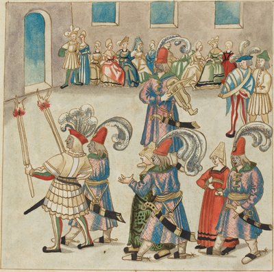 To dansende par ledet af fakkelbærende riddere af German 16th Century