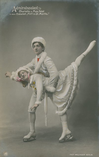 Postkort af skøjteløbere, sendt i 1913 (håndkoloreret foto) af German Photographer