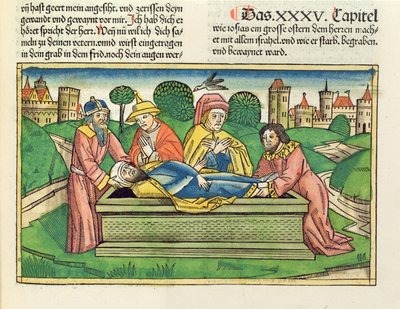 2 Krønikebog 35 24 Josias begravelse, fra Nürnbergbibelen (Biblia Sacra Germanaica) (farvet træsnit) af German School