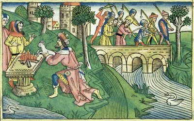 2 Kongebog 16 9-16 Folket i Damaskus bliver taget til fange, fra Nürnbergbibelen (Biblia Sacra Germanaica) (farvet træsnit) af German School
