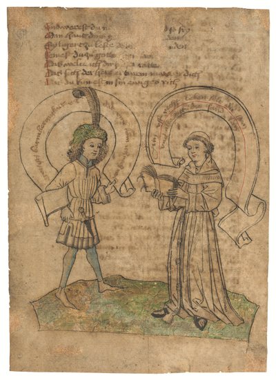 En franciskanerbroder og en ung mand, illustration på et blad fra Das Spiegelbuch, på middelhøjtysk, Østschwaben, sandsynligvis Augsburg, ca. 1470