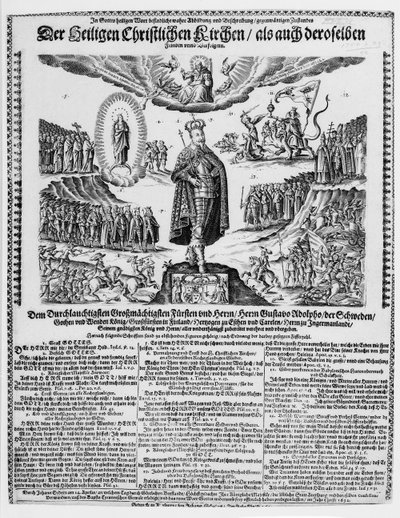 Et tysk broadsheet, der viser Gustavus Adolphus som den protestantiske sags mester af German School