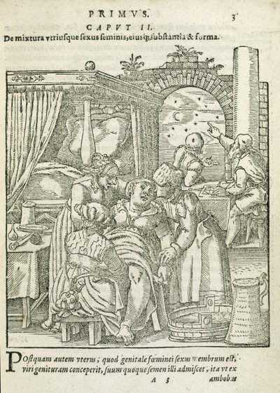 A Woman in Labour, illustration fra kapitel 2, bog 1 af On the Conception and Growth of Man af Rueff, 1587 af German School