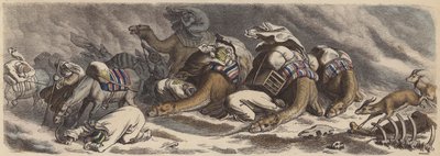 En campingvogn fanget i en sandstorm i Sahara (farvet indgravering) af German School