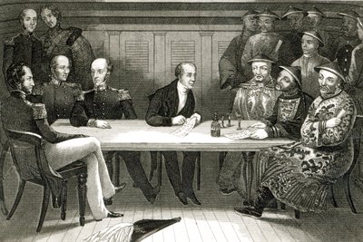En konference i Chusan mellem Commodore Bremer og Chang, en kinesisk embedsmand, om bord på HMS Wellesley, 4. juli 1841 af German School