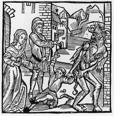 En djævel tager et barn for øjnene af sine forældre, der havde lovet ham ved pagt - I "Der Ritter von Turn"" af Knight Marquard vom Stein af German School