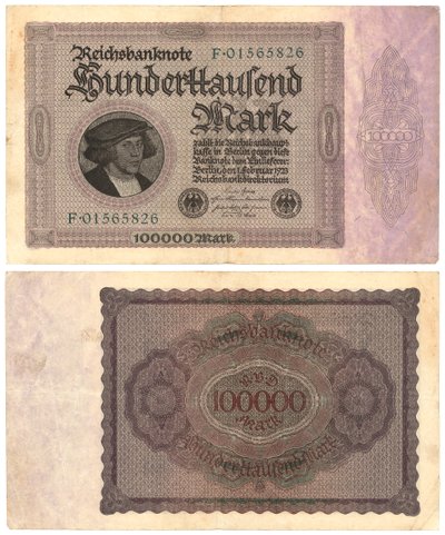 En hundrede tusind mark seddel, 1923 (recto og verso) af German School