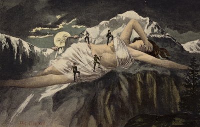 En nøgen kvinde på en bjergside bliver besteget af bjergbestigere, mens månen ser på (collage) af German School