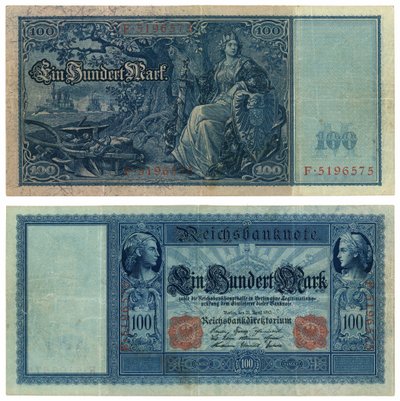 En hundrede mark seddel, 1910 (recto og verso) af German School