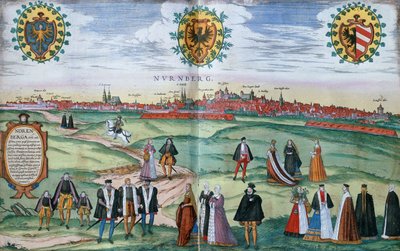 En panoramaudsigt over Nürnberg, med figurer i lokal dragt i forgrunden, ca. 1575 af German School