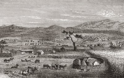 En bebyggelse i Kouihara, Vestafrika, illustration fra "The World in the Hands", udgivet i 1878 af German School