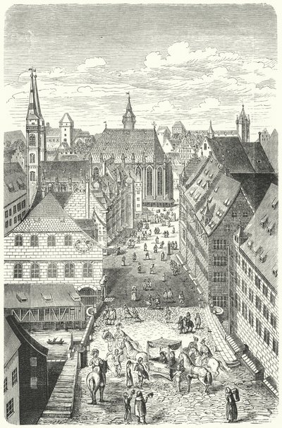 En gade i Nürnberg i det 15. århundrede (gravering) af German School