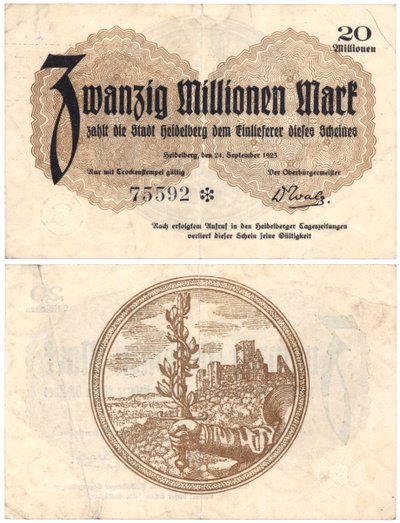 En seddel på tyve millioner mark, 1923 (recto og verso) af German School