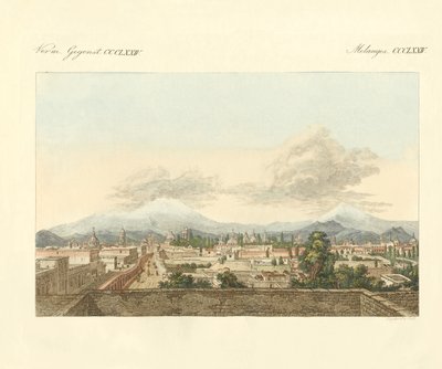 En udsigt over Mexico og de fjernere omgivelser i den by (farvet indgravering) af German School