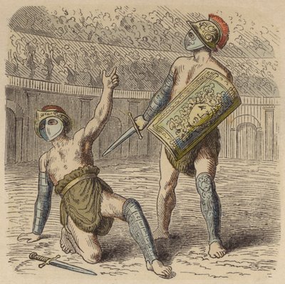 En såret romersk gladiator bønfalder folkemængden for sit liv (farvet indgravering) af German School