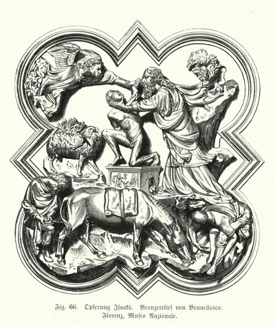 Abraham ofrer sin søn Isak til ofring, bronze relief af Filippo Brunelleschi (stik) af German School