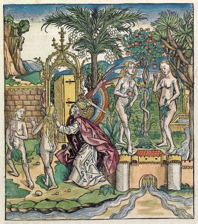 Adam og Eva bliver forvist fra Eden, offentliggjort i Nürnberg Chronicle, 1493 af German School