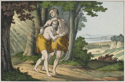 Adam og Eva udvist fra paradis, illustration fra LANcien Testamente, udgivet af Jakob Ferdinand Schreiber, Esslingen (farvestik) af German School