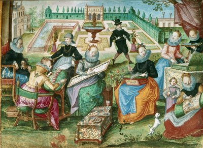 Add.1 7025 fol.50 Damer siddende ved deres broderi, fra 