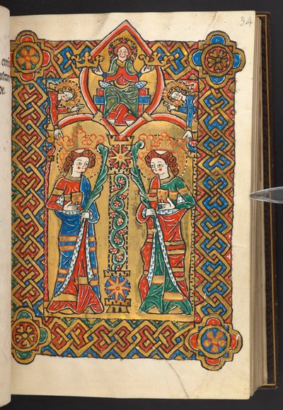 Tilføje. 60629, f.34 Kristus og engle kroner to klosterhelgener (vellum) af German School