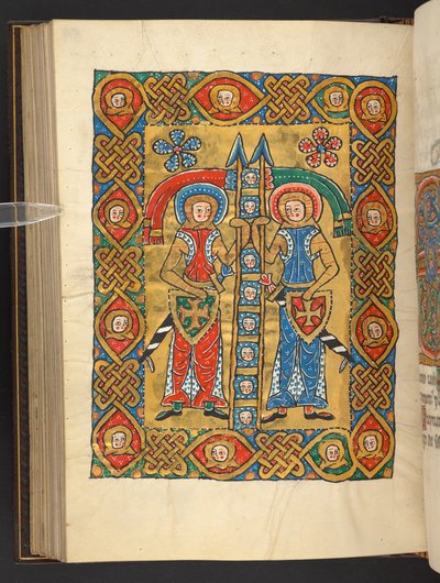 Tilføje. 60629, f.84v To militære helgener, med andres hoveder (vellum) af German School