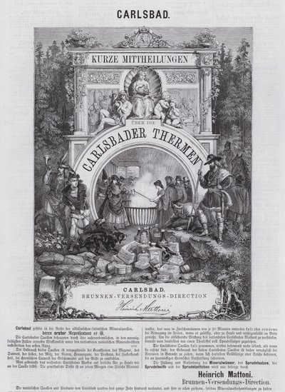 Annonce for Mattoni mineralvand og andre produkter fra spaen i Carlsbad (Karlovy Vary), Bohemia (gravering) af German School
