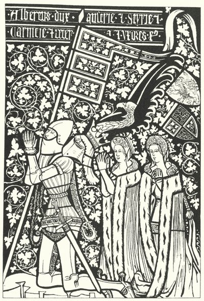 Albert III, hertug af Østrig, med sine to hustruer, Elisabeth af Bøhmen og Beatrice af Nürnberg (stik) af German School