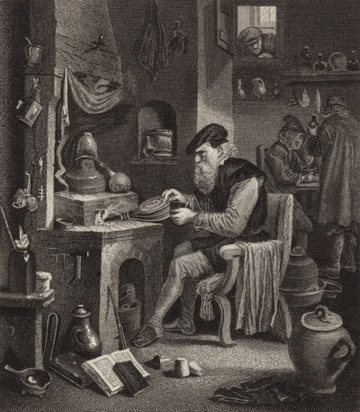 Alkymist på arbejde. Illustration til Bilder-Atlas (gravering) af German School