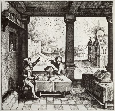 En astrolog, der støber et horoskop, kopi af en illustration fra Utriusque Cosmi Historia af Robert Fludd, Oppenheim 1617, brugt i en magihistorie, udgivet sent i det 19. århundrede af German School