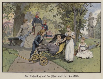 En eftermiddag på Pfaueninsel i Potsdam (farve litho) af German School