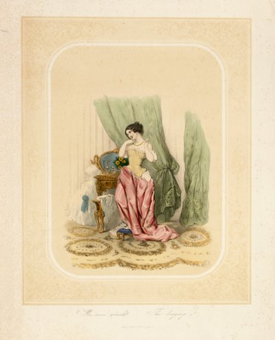 En elegant dame ved hendes toiletbord, trykt af F. Sala & Co, Berlin, ca. 1850 af German School
